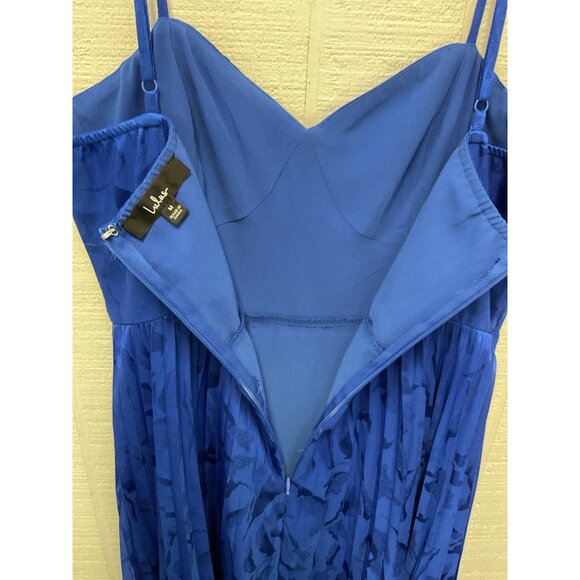 Lulus Royal Blue Pleated Jacquard Midi Dress With Adjustable Straps & Back Zip - Picture 5 of 7